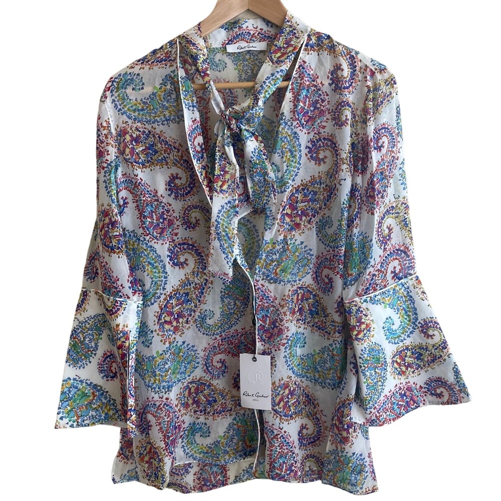 Robert Graham Shirt Womens Small Paisley Sheer Long Bell Sleeve Adalynn Silk